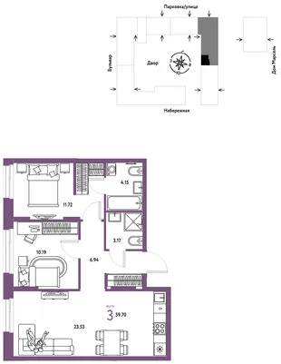 Планировка 3-комн. квартира, 59.7 м² ЖК «Европейский берег 2.0»