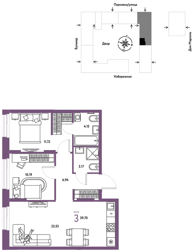 Планировка 3-комн. квартира, 59.7 м² ЖК «Европейский берег 2.0» Планировка 3-комн. квартира, 59.7 м² ЖК «Европейский берег 2.0»