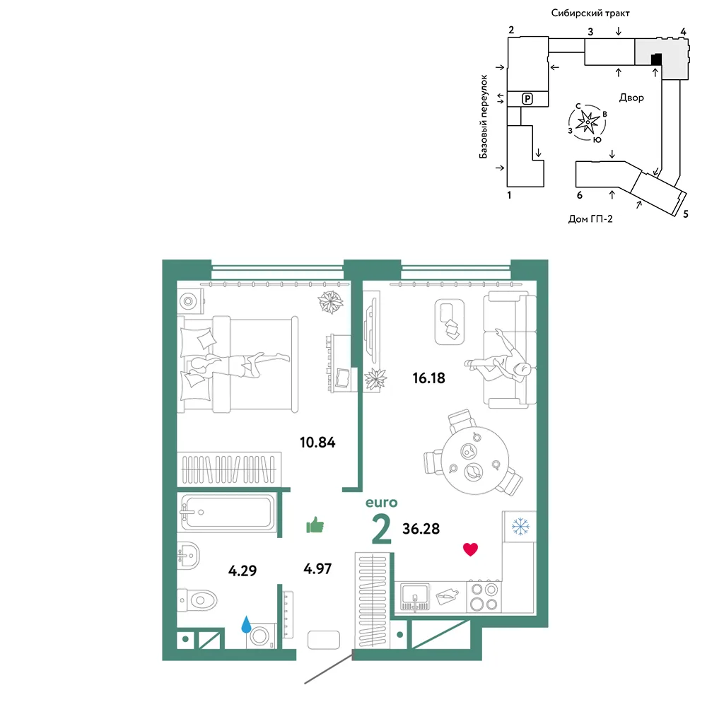 Планировка 2-комн. квартира, 36.28 м² ЖК «Сибирский сад»