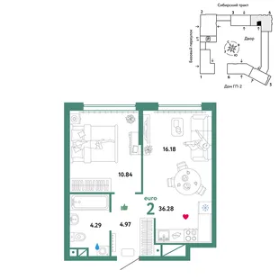 Планировка 2-комн. квартира, 36.28 м² ЖК «Сибирский сад»
