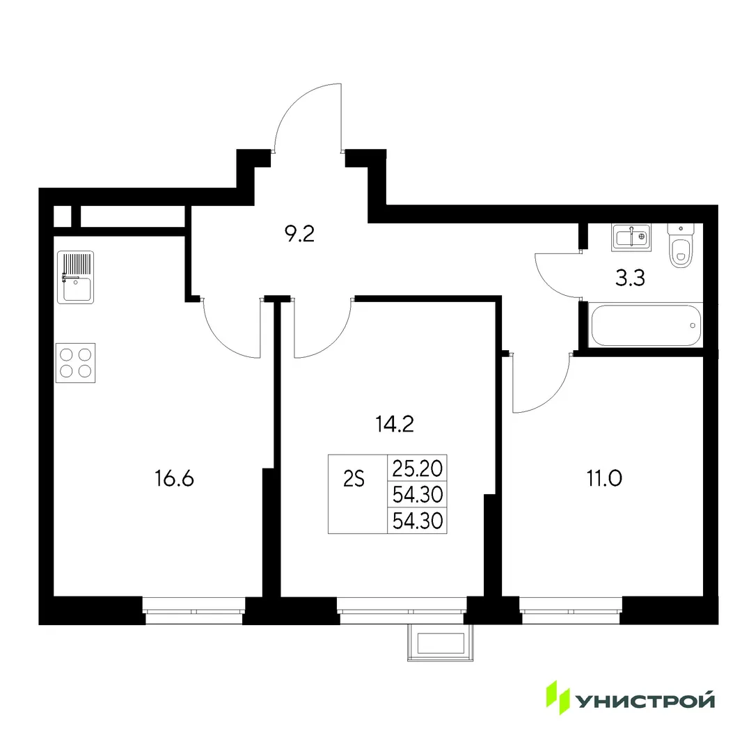 Планировка 2-комн. квартира, 54.3 м² ЖК «Стадиум»