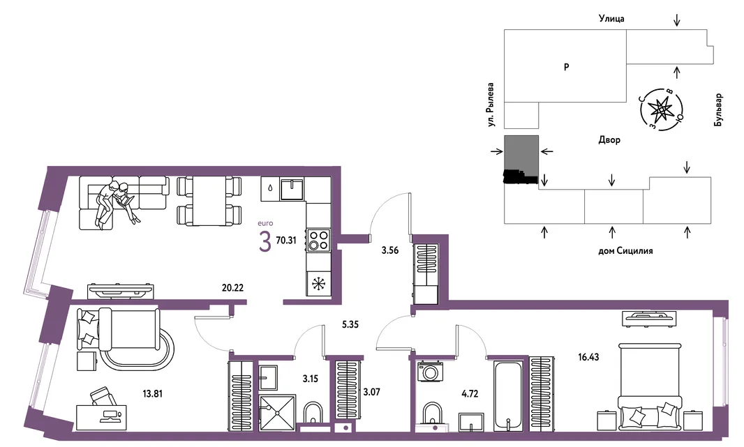 Планировка 3-комн. квартира, 70.31 м² ЖК «Остров-сад»