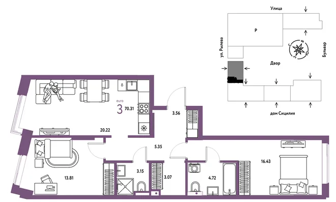 Планировка 3-комн. квартира, 70.31 м² ЖК «Остров-сад» Планировка 3-комн. квартира, 70.31 м² ЖК «Остров-сад»