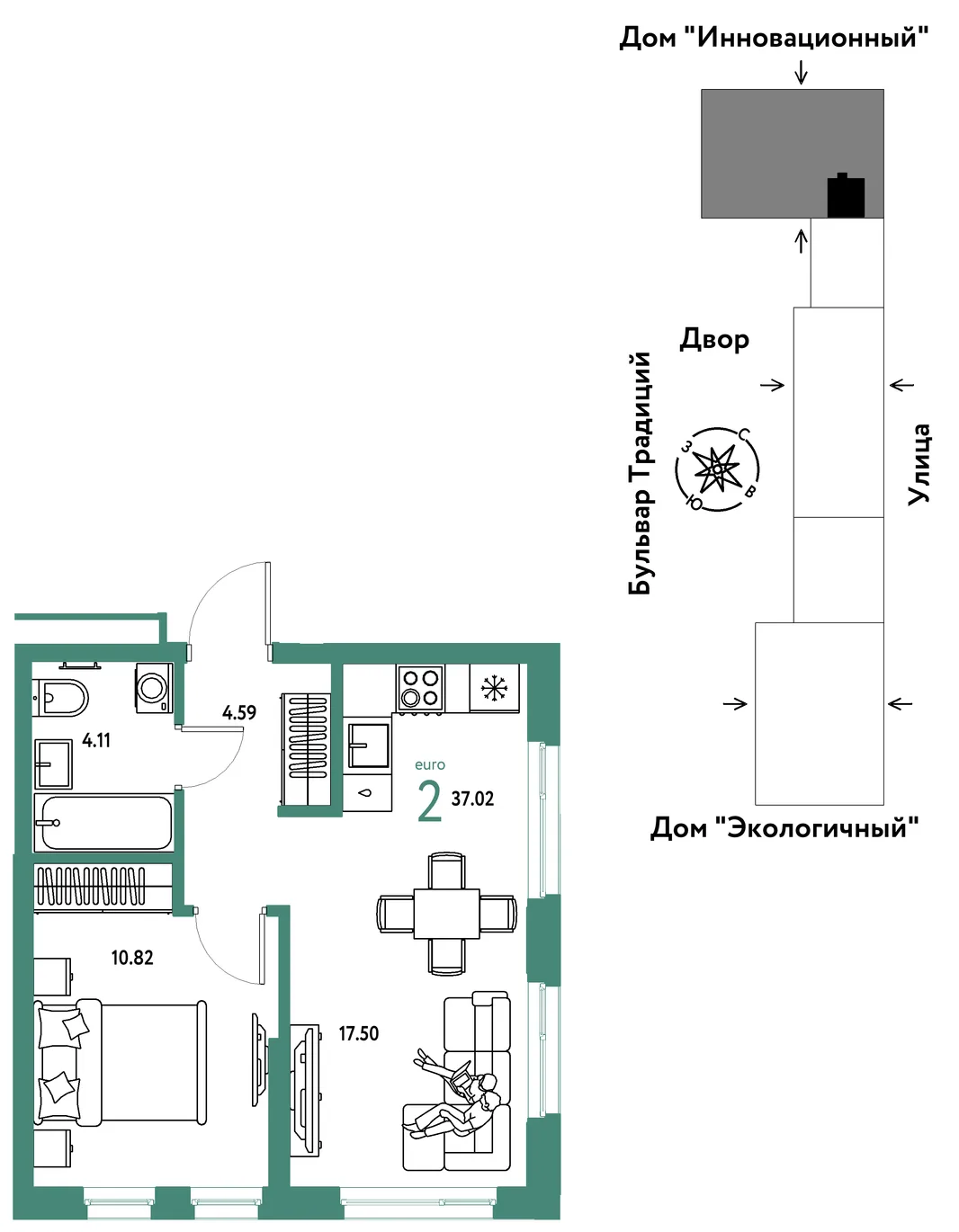 Планировка 2-комн. квартира, 37.02 м² ЖК «Микрорайон Домашний»