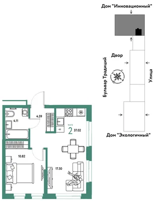 Планировка 2-комн. квартира, 37.02 м² ЖК «Микрорайон Домашний»
