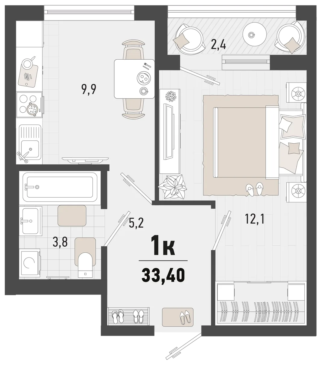 Планировка 1-комн. квартира, 33.4 м² ЖК «Барса»