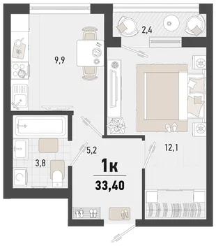 Планировка 1-комн. квартира, 33.4 м² ЖК «Барса»
