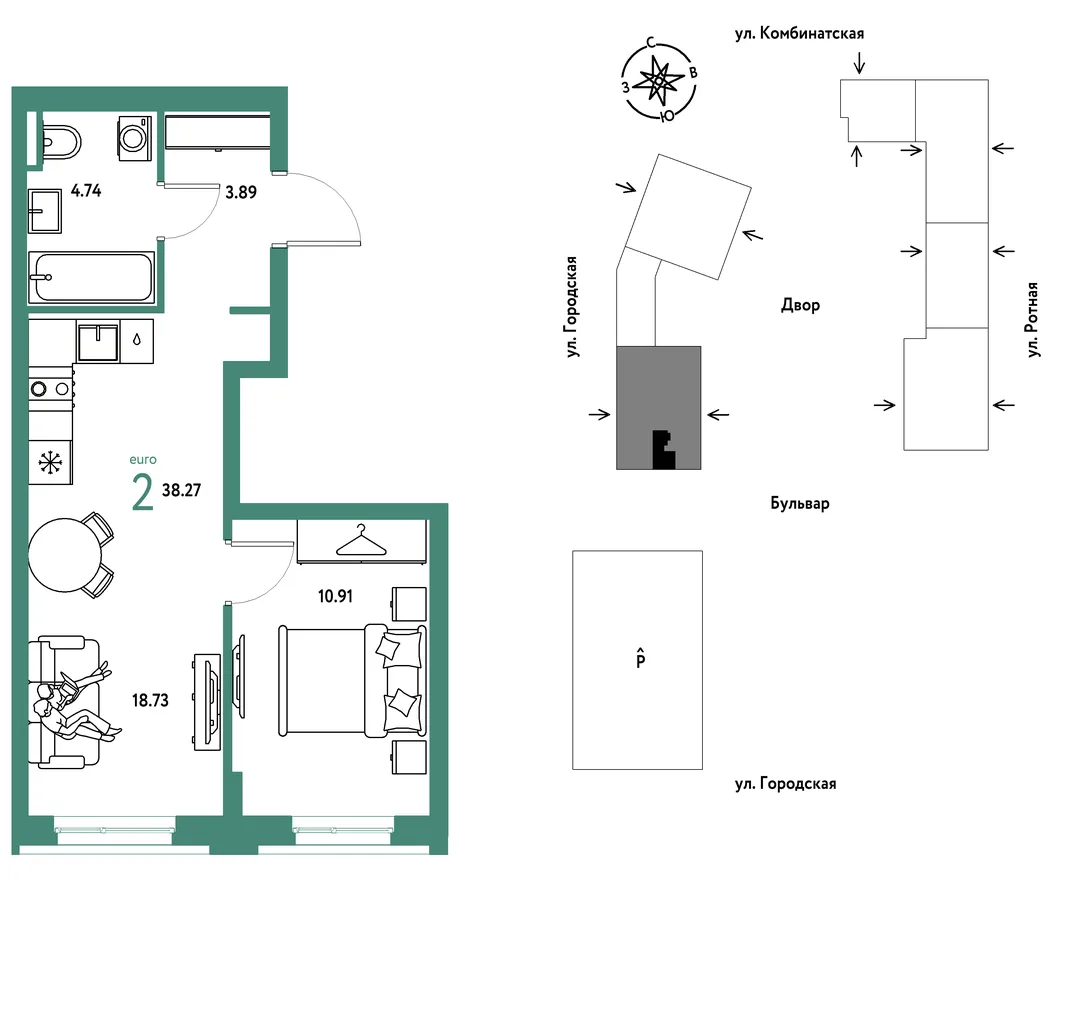 Планировка 2-комн. квартира, 38.27 м² ЖК «Уральский сад»