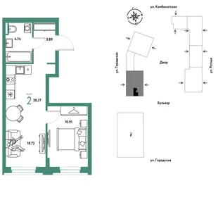 Планировка 2-комн. квартира, 38.27 м² ЖК «Уральский сад»