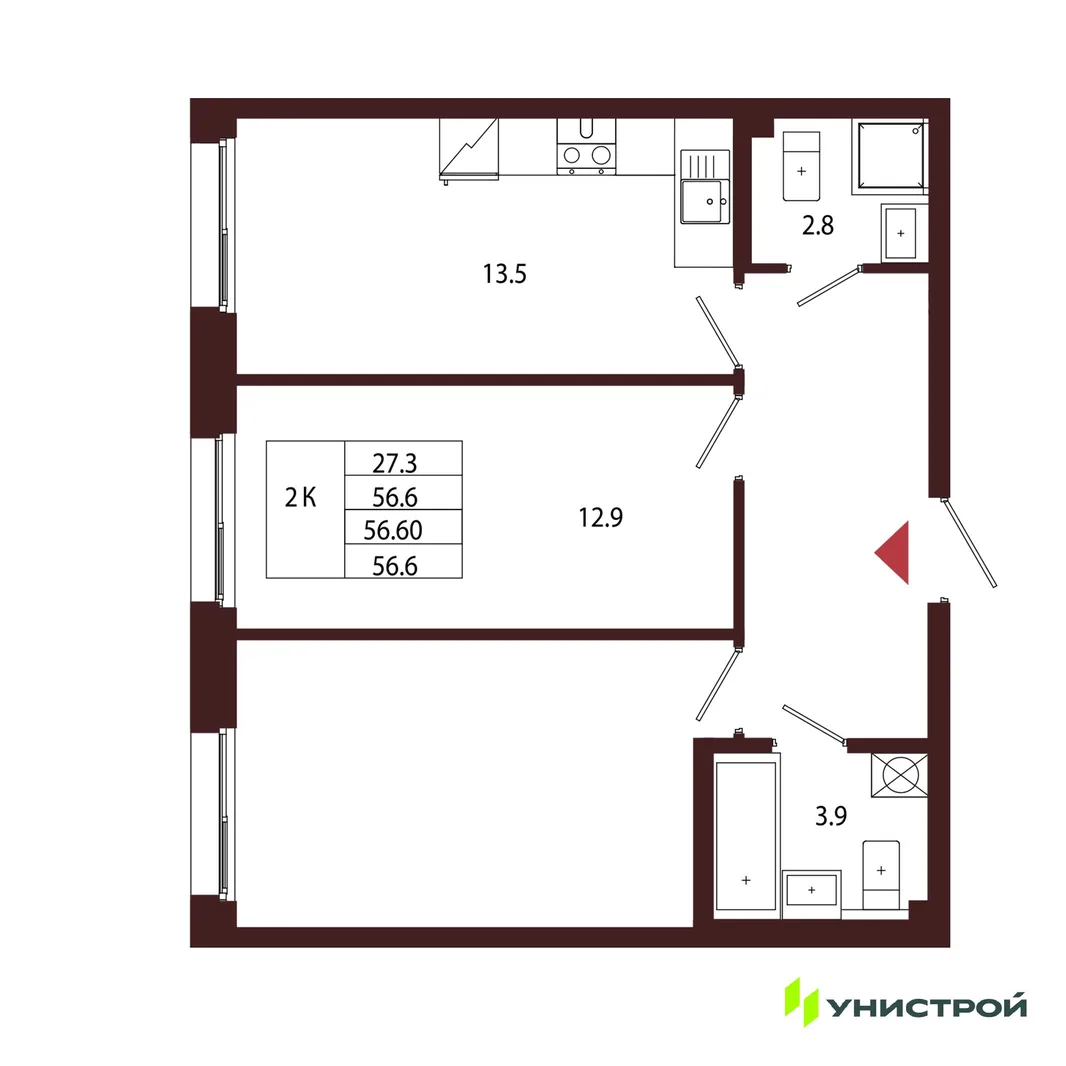 Планировка 2-комн. квартира, 56.6 м² ЖК «Лисино»