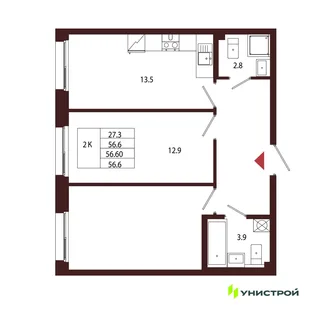 Планировка 2-комн. квартира, 56.6 м² ЖК «Лисино»