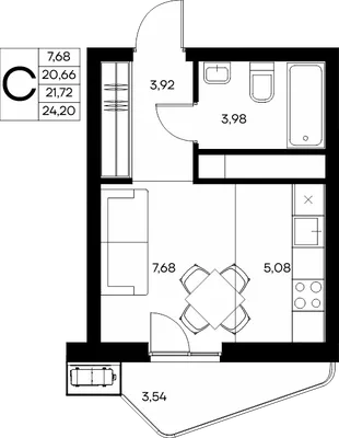 Планировка Студия, 24.2 м² ЖК «Прибрежный дом»