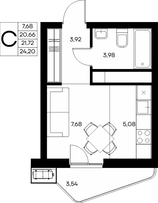 Планировка Студия, 24.2 м² ЖК «Прибрежный дом»