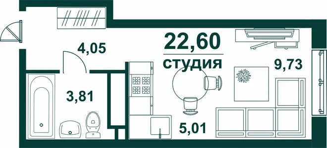 Планировка Студия, 22.6 м² ЖК «Аквамарин 2»
