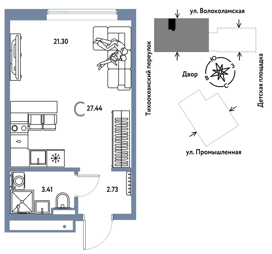 Планировка Студия, 27.44 м² ЖК «Страна Прибрежная»