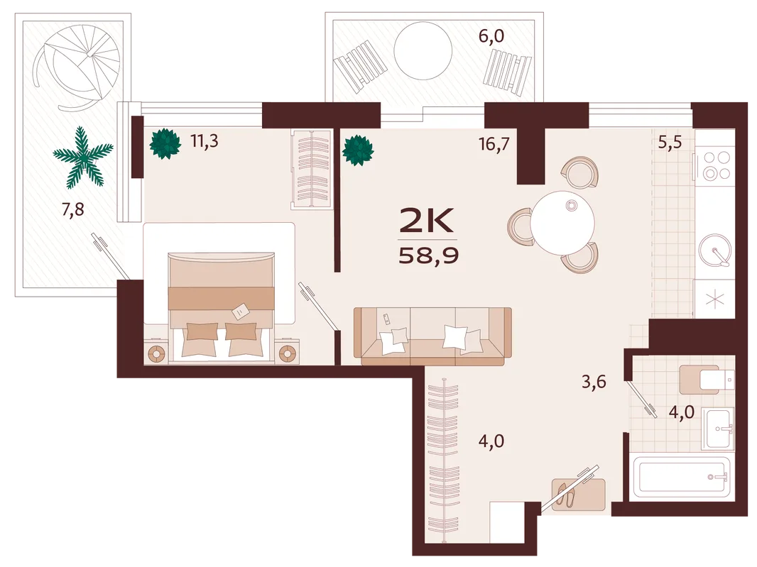 Планировка 2-комн. квартира, 58.9 м² ЖК «Роялта»
