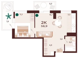 Планировка 2-комн. квартира, 58.9 м² ЖК «Роялта»