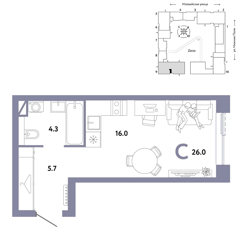 Планировка Студия, 26 м² ЖК «Страна.Заречная»