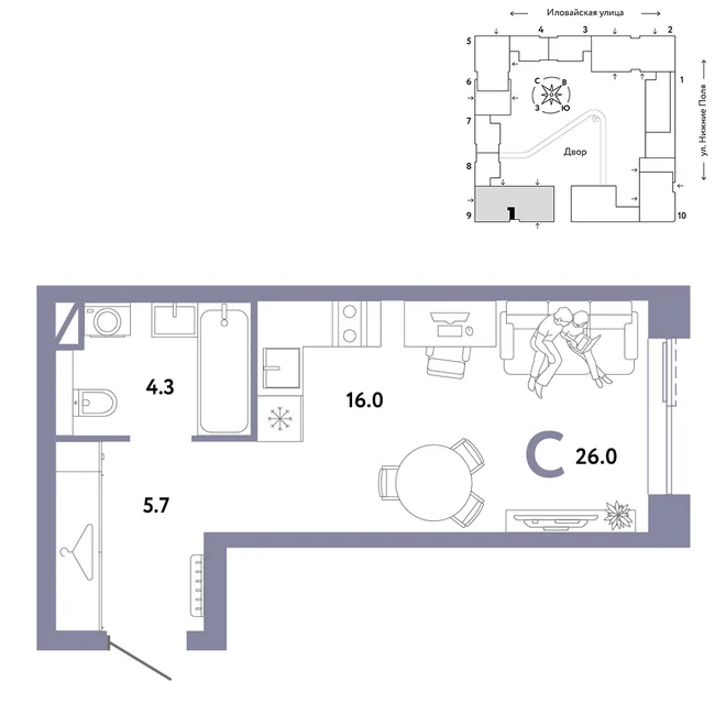 Планировка Студия, 26 м² ЖК «Страна.Заречная»