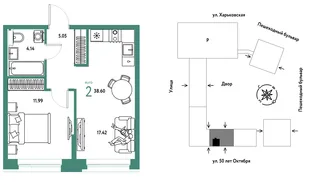 Планировка 2-комн. квартира, 38.6 м² ЖК «Сердце Сибири»