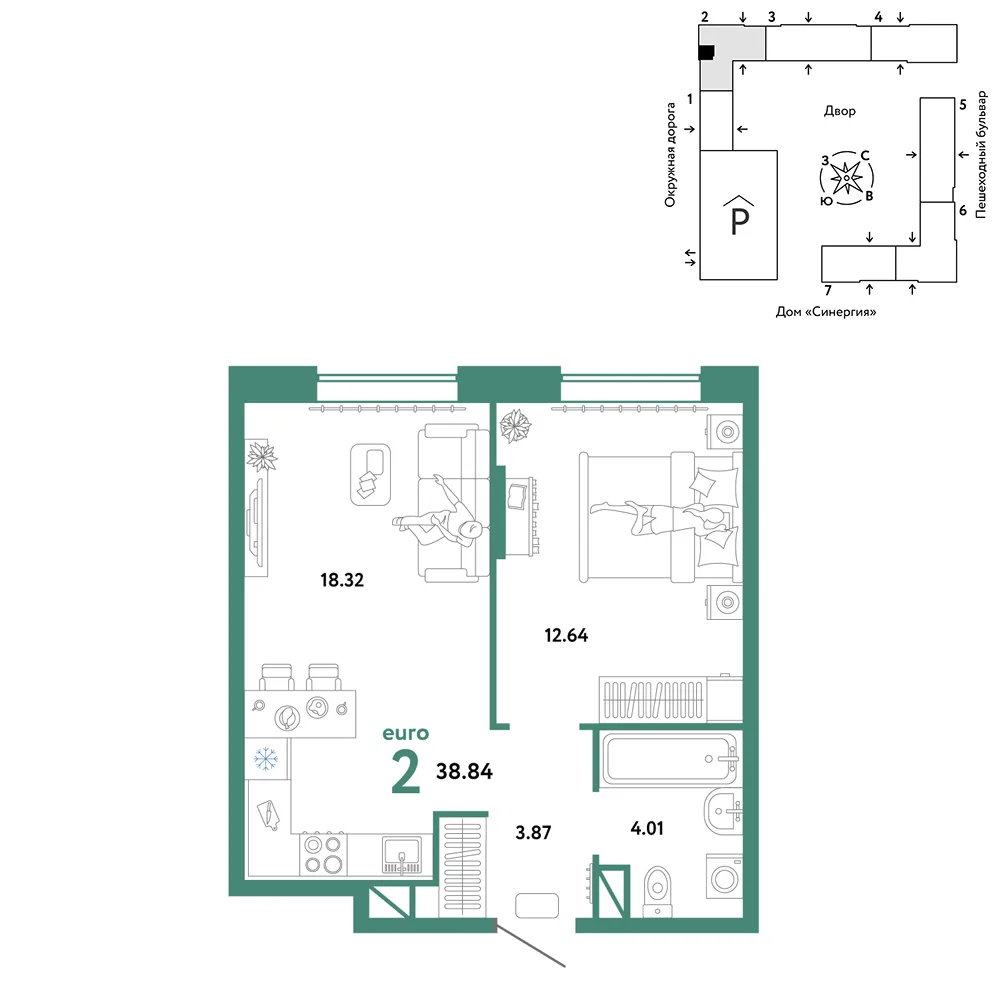 Планировка 2-комн. квартира, 38.84 м² ЖК «Юнион»