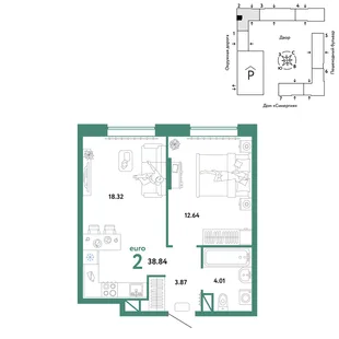 Планировка 2-комн. квартира, 38.84 м² ЖК «Юнион»