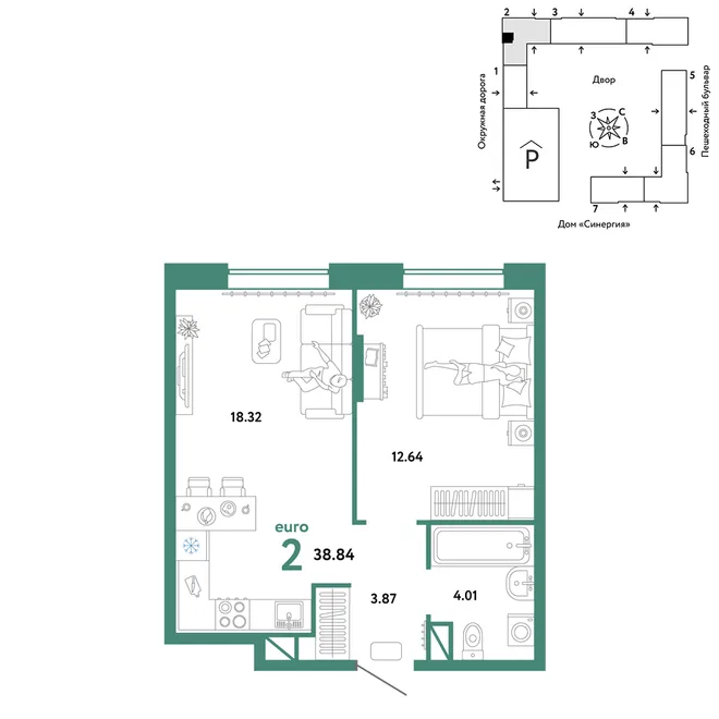 Планировка 2-комн. квартира, 38.84 м² ЖК «Юнион» Планировка 2-комн. квартира, 38.84 м² ЖК «Юнион»