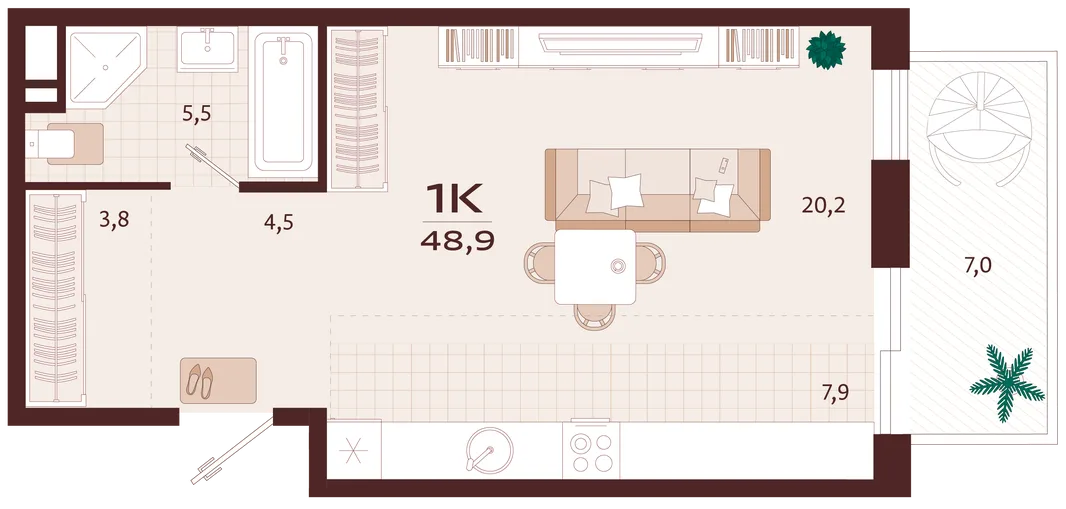 Планировка 1-комн. квартира, 48.9 м² ЖК «Роялта»