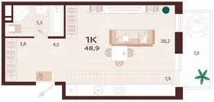 Планировка 1-комн. квартира, 48.9 м² ЖК «Роялта»