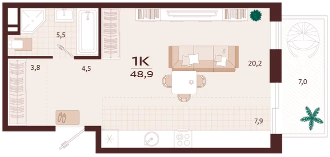 Планировка 1-комн. квартира, 48.9 м² ЖК «Роялта» Планировка 1-комн. квартира, 48.9 м² ЖК «Роялта»