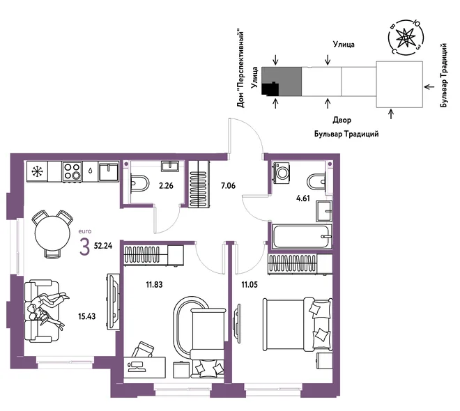 Планировка 3-комн. квартира, 52.24 м² ЖК «Микрорайон Домашний» Планировка 3-комн. квартира, 52.24 м² ЖК «Микрорайон Домашний»