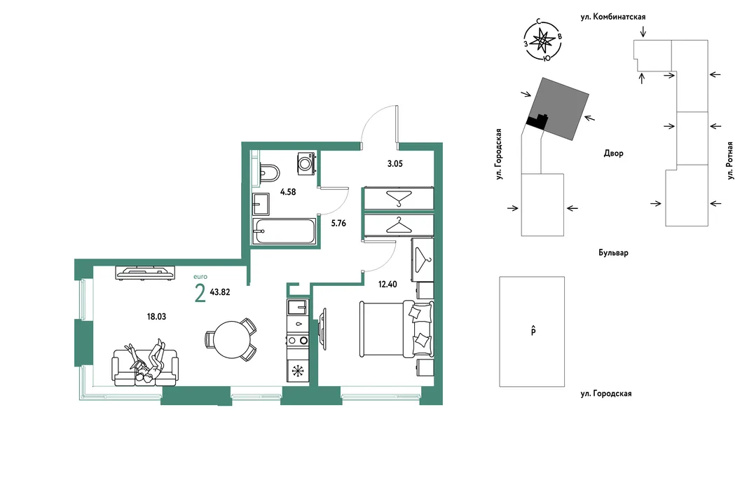 Планировка 2-комн. квартира, 43.82 м² ЖК «Уральский сад»