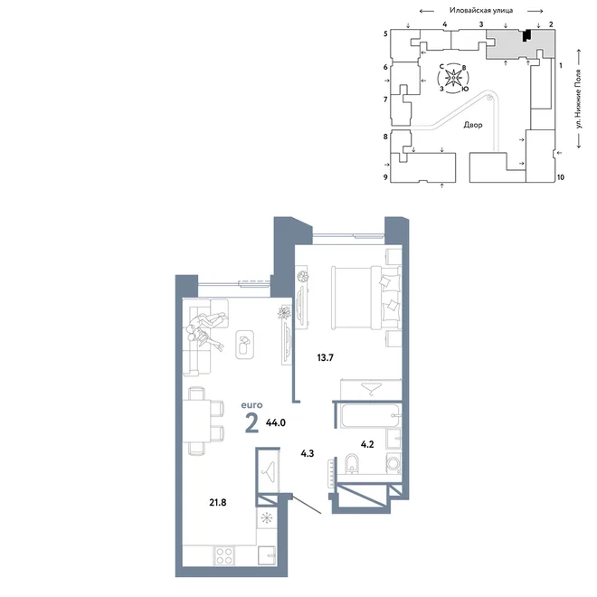 Планировка 2-комн. квартира, 44 м² ЖК «Страна.Заречная» Планировка 2-комн. квартира, 44 м² ЖК «Страна.Заречная»