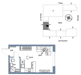Планировка Студия, 24.74 м² ЖК «Остров-сад»