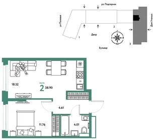 Планировка 2-комн. квартира, 38.99 м² ЖК «Авторский»