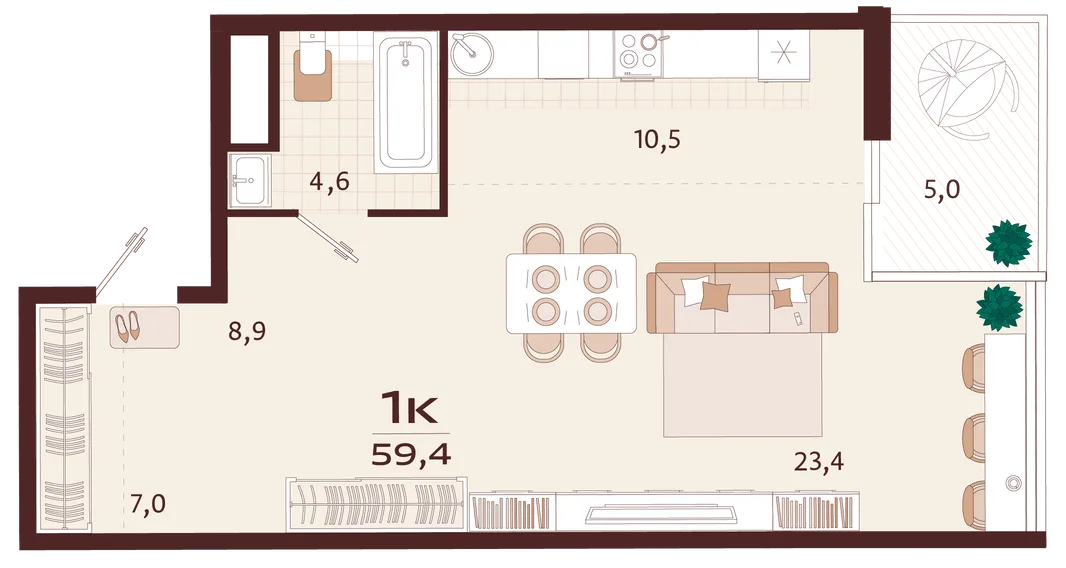 Планировка 1-комн. квартира, 59.4 м² ЖК «Роялта»