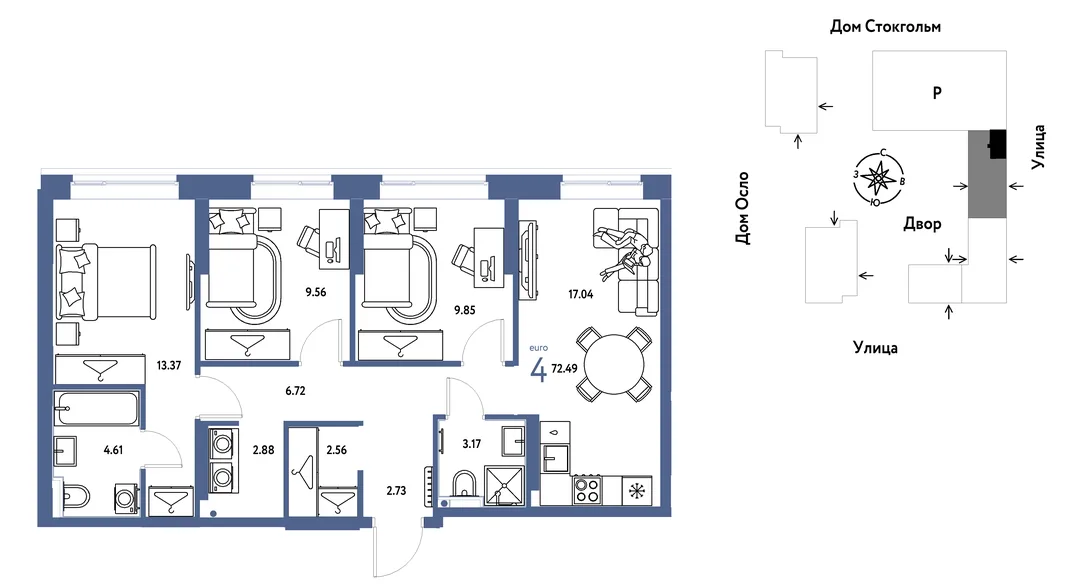 Планировка 4-комн. квартира, 72.49 м² ЖК «Европейский берег 2.0»
