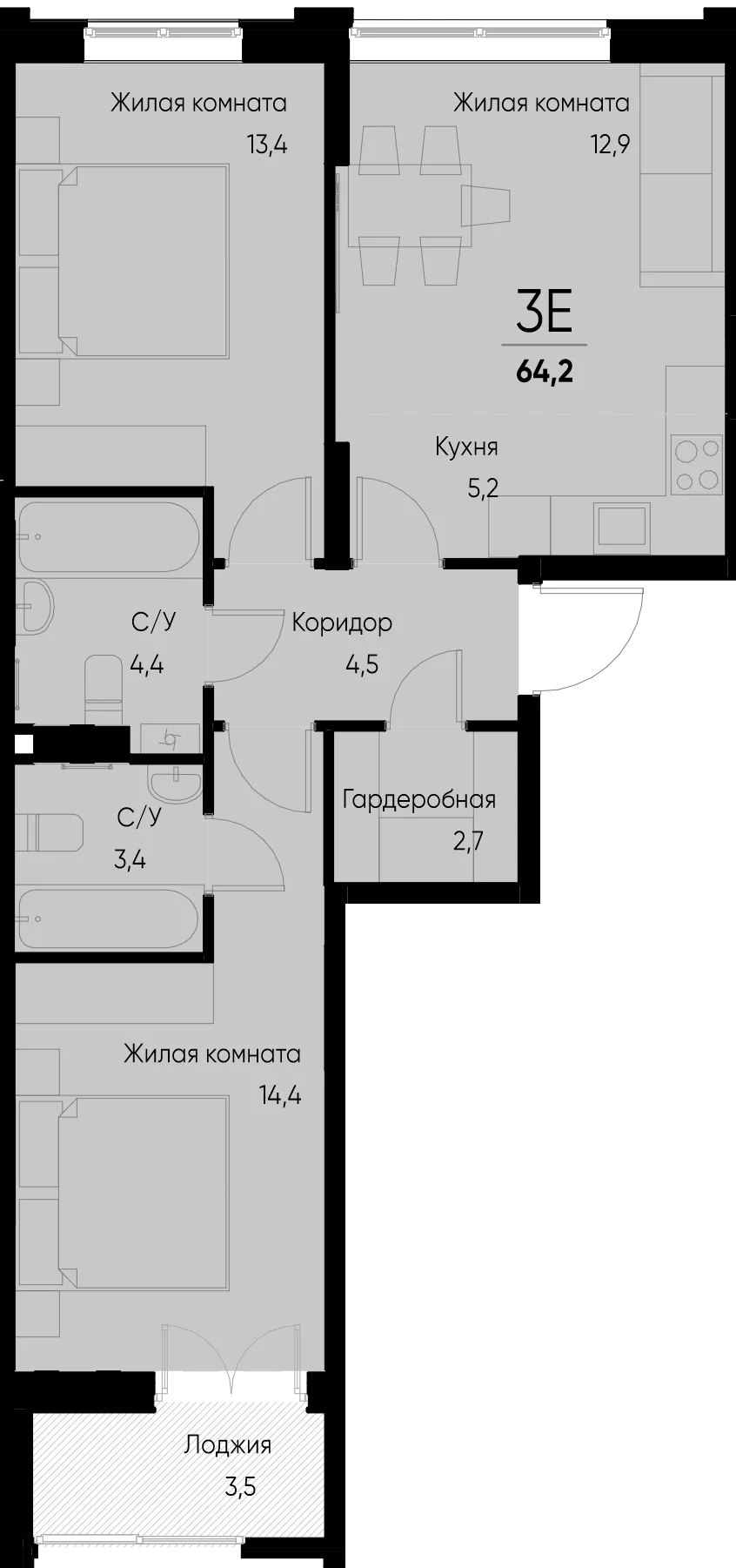 Планировка 3-комн. квартира, 64.2 м² ЖК «Васильевский остров»