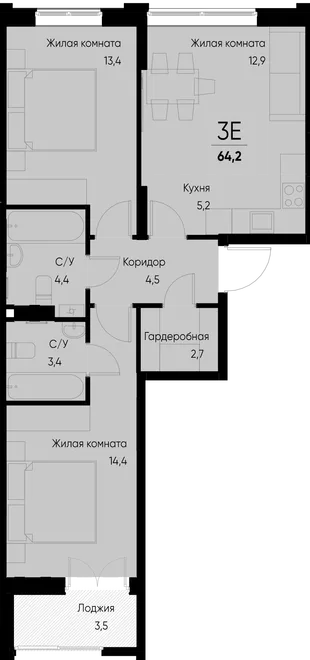 Планировка 3-комн. квартира, 64.2 м² ЖК «Васильевский остров»