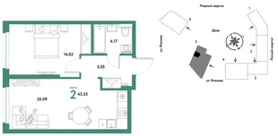 Планировка 2-комн. квартира, 43.33 м² ЖК «Сибирский сад»