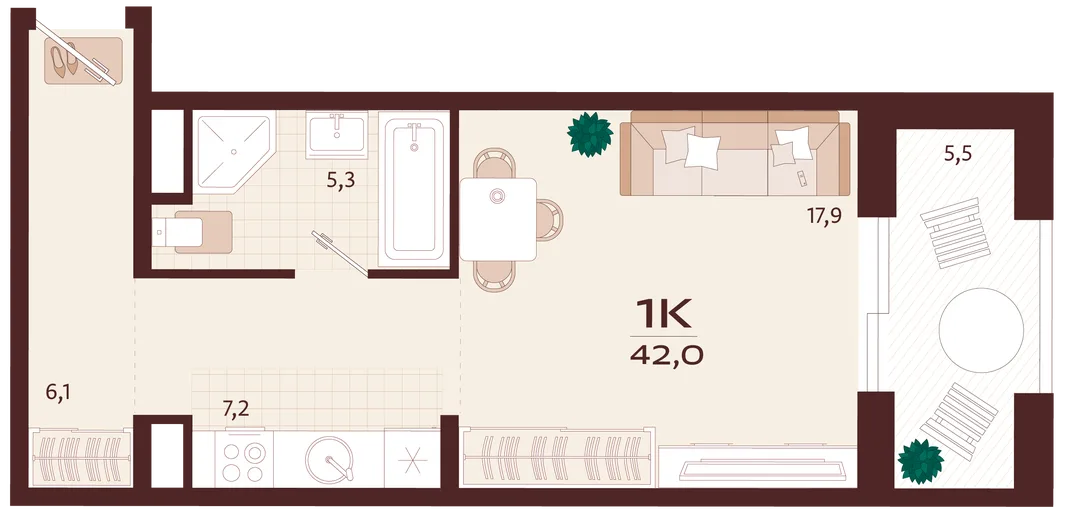 Планировка 1-комн. квартира, 42 м² ЖК «Роялта»