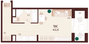 Планировка 1-комн. квартира, 42 м² ЖК «Роялта»