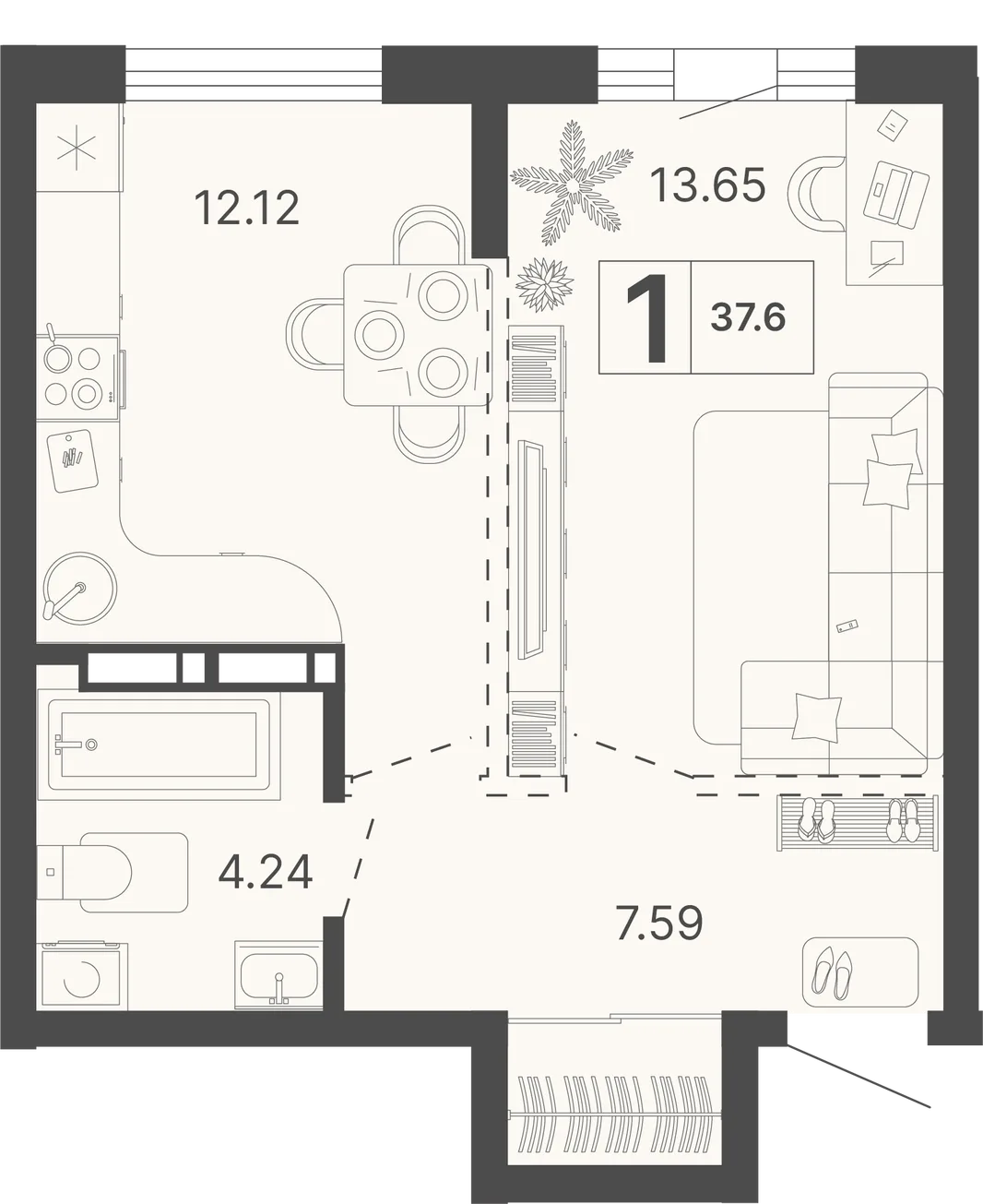 Планировка 1-комн. квартира, 37.6 м² ЖК «Светский лес»