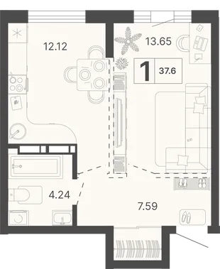 Планировка 1-комн. квартира, 37.6 м² ЖК «Светский лес»