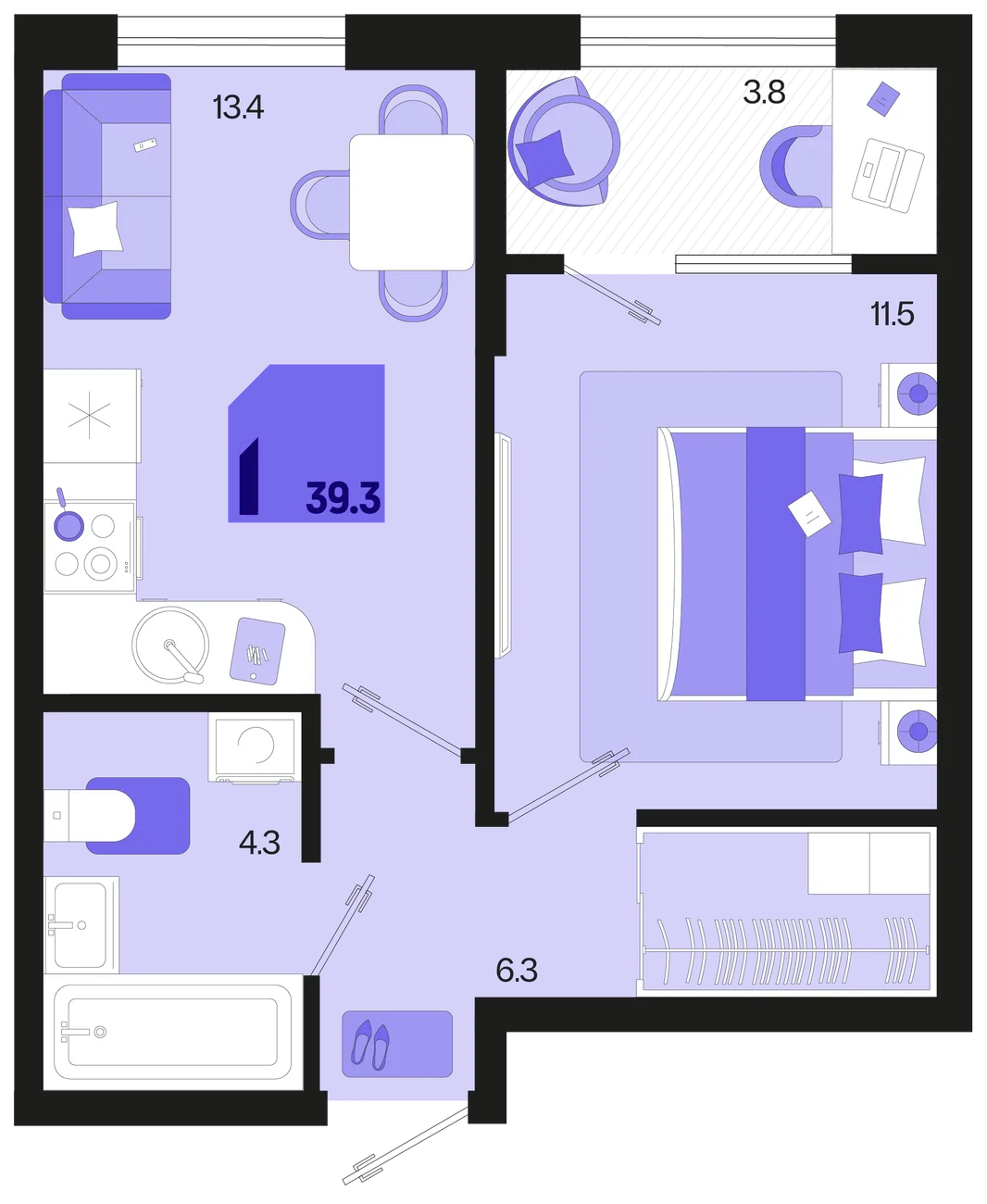 Планировка 1-комн. квартира, 39.3 м² ЖК «Первое место»