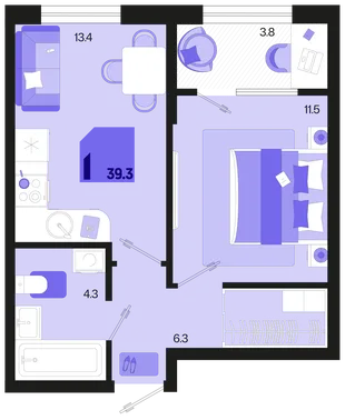Планировка 1-комн. квартира, 39.3 м² ЖК «Первое место»