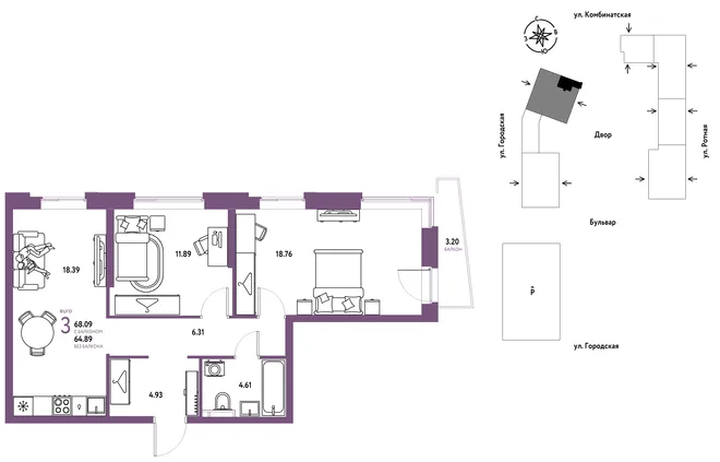 Планировка 3-комн. квартира, 68.09 м² ЖК «Уральский сад» Планировка 3-комн. квартира, 68.09 м² ЖК «Уральский сад»