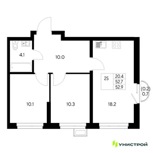 Планировка 2-комн. квартира, 52.9 м² ЖК «Стадиум»