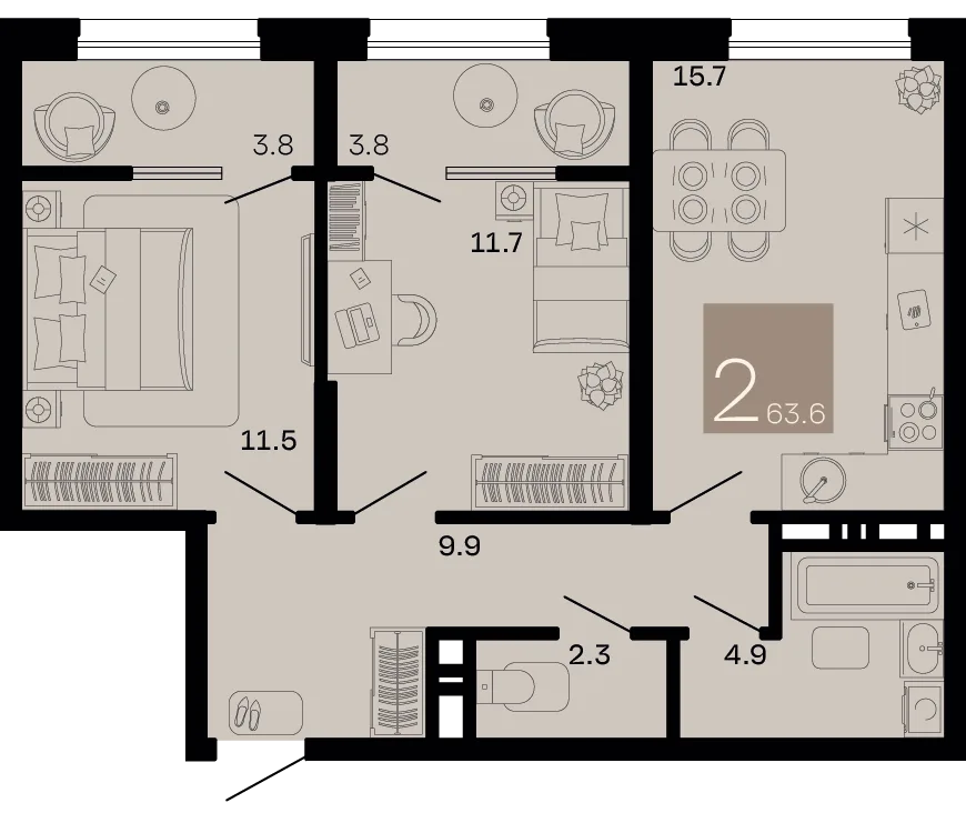 Планировка 2-комн. квартира, 63.6 м² ЖК «Хозяин морей»