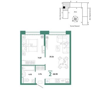Планировка 2-комн. квартира, 38.99 м² ЖК «Микрорайон Домашний»